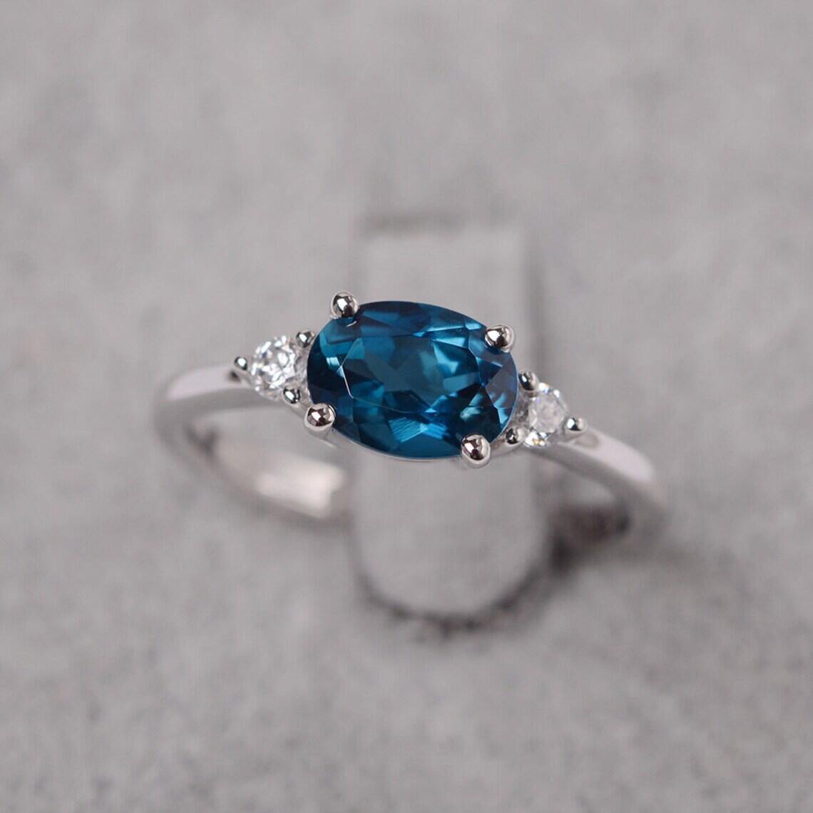 Oval Cut East West London Blue Topaz Engagement Ring - LUO Jewelry
