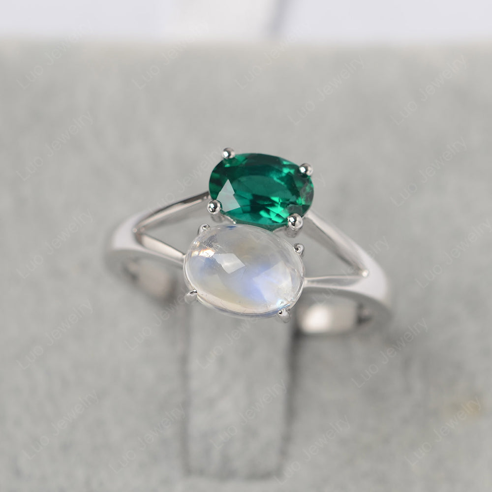 Oval Emerald and Moonstone Ring Split Shank Ring - LUO Jewelry