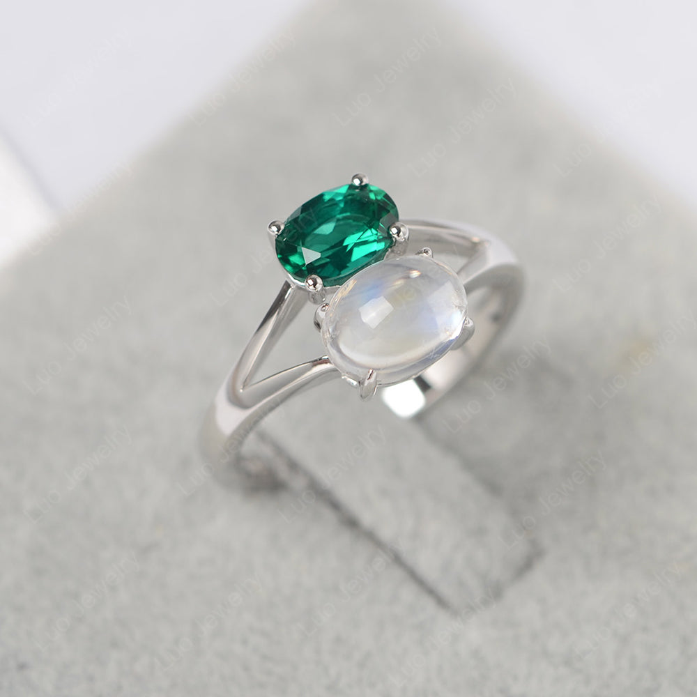 Oval Emerald and Moonstone Ring Split Shank Ring - LUO Jewelry