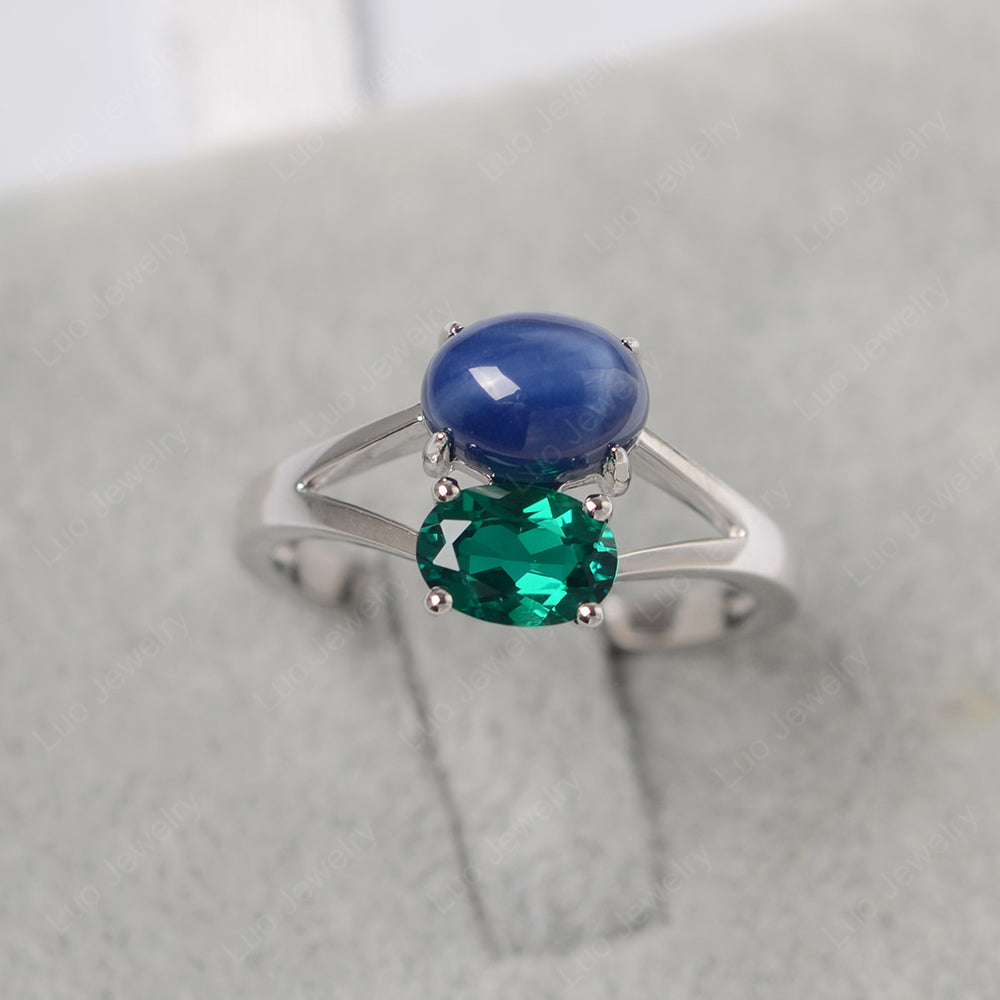 Oval Emerald And Star Lab Sapphire Ring Split Shank Ring - LUO Jewelry