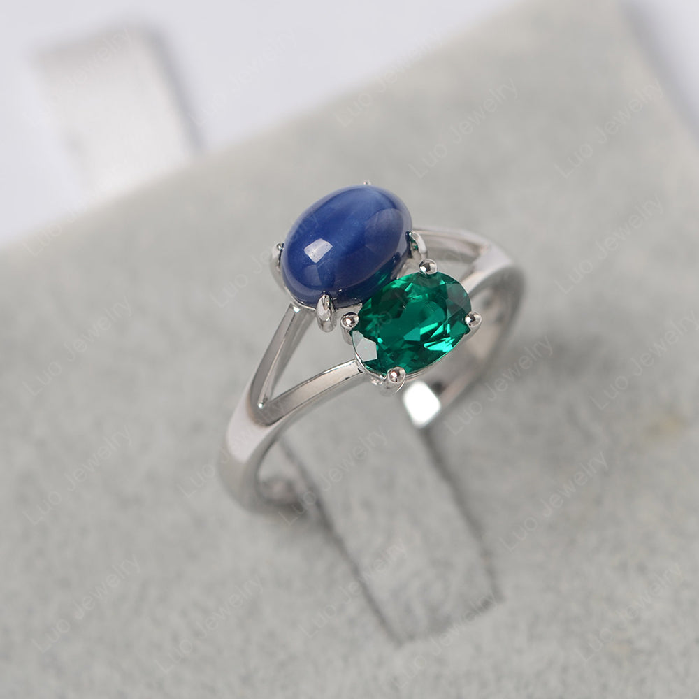 Oval Emerald And Star Lab Sapphire Ring Split Shank Ring - LUO Jewelry