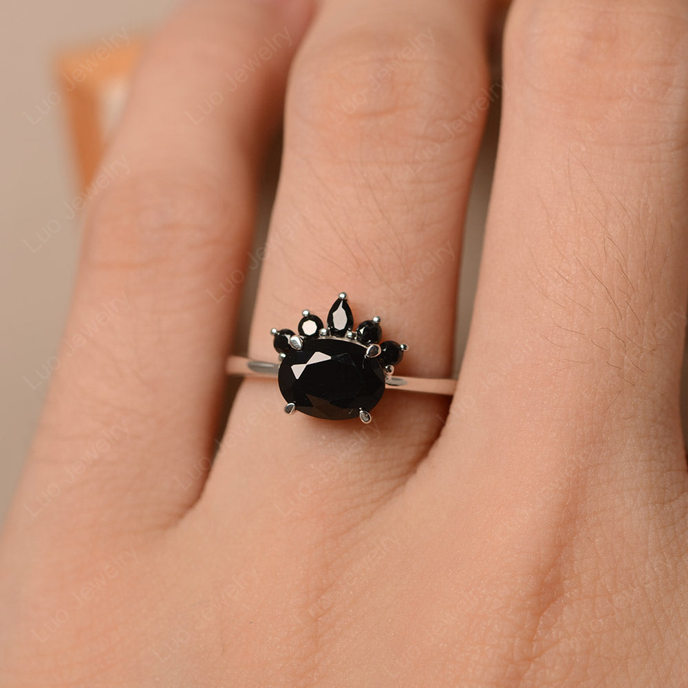 Vintage Black Spinel Ring East West Oval Cut Ring - LUO Jewelry