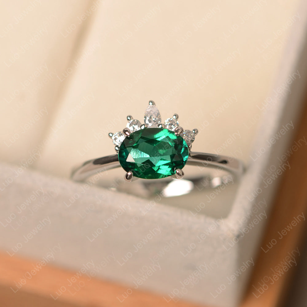 Vintage Lab Emerald Ring East West Oval Cut Ring - LUO Jewelry