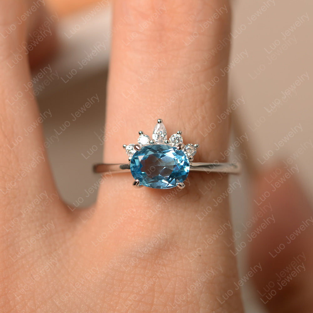 Vintage Swiss Blue Topaz Ring East West Oval Cut Ring - LUO Jewelry