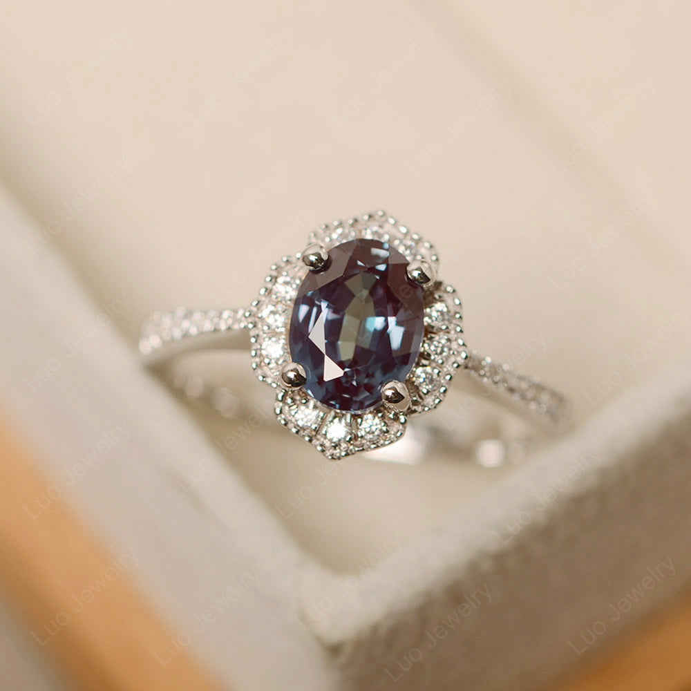 Alexandrite Ring Oval Cut Halo Engagement Ring - LUO Jewelry