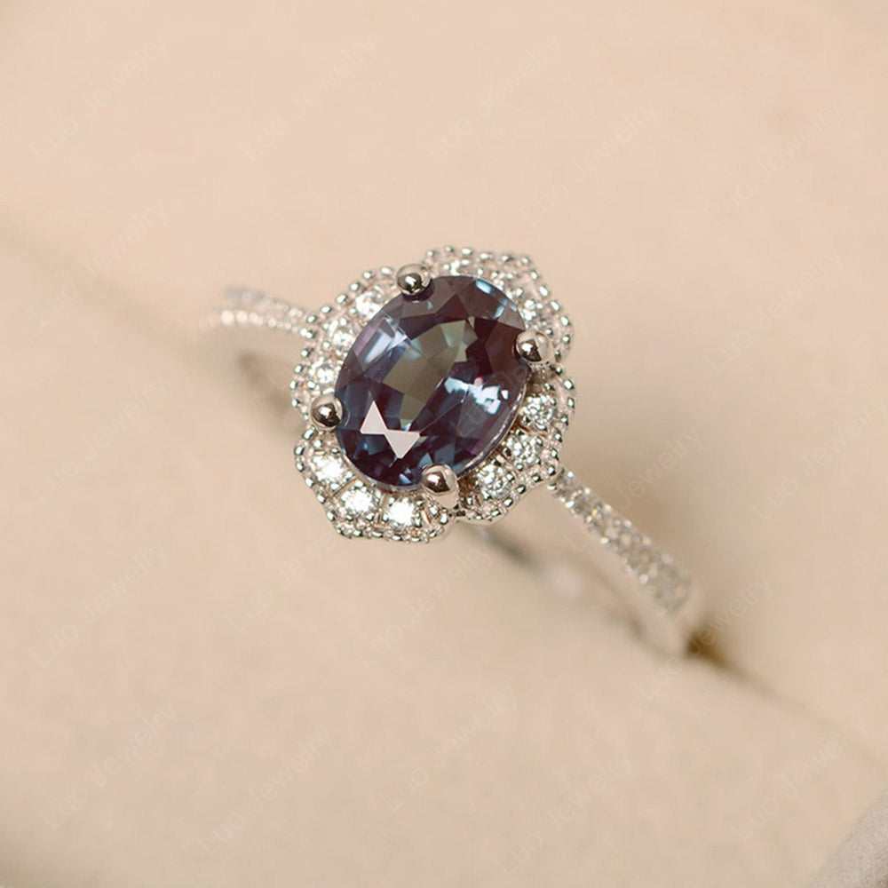 Alexandrite Ring Oval Cut Halo Engagement Ring - LUO Jewelry