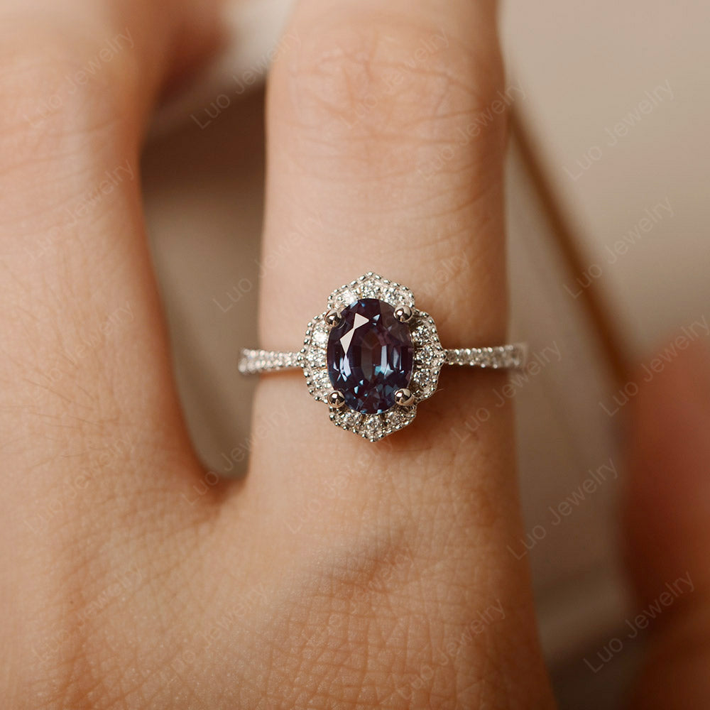 Alexandrite Ring Oval Cut Halo Engagement Ring - LUO Jewelry