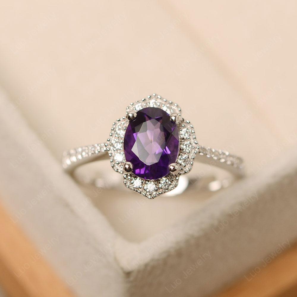 Amethyst Ring Oval Cut Halo Engagement Ring - LUO Jewelry