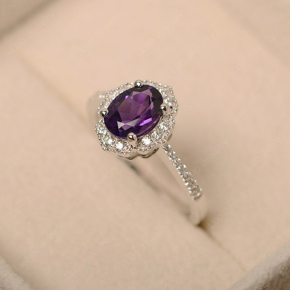 Amethyst Ring Oval Cut Halo Engagement Ring - LUO Jewelry