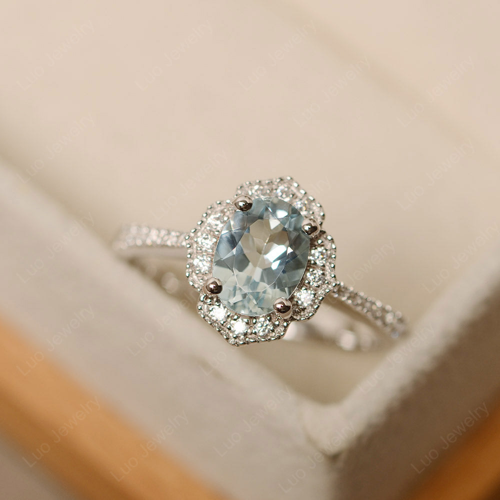 Aquamarine Ring Oval Cut Halo Engagement Ring - LUO Jewelry