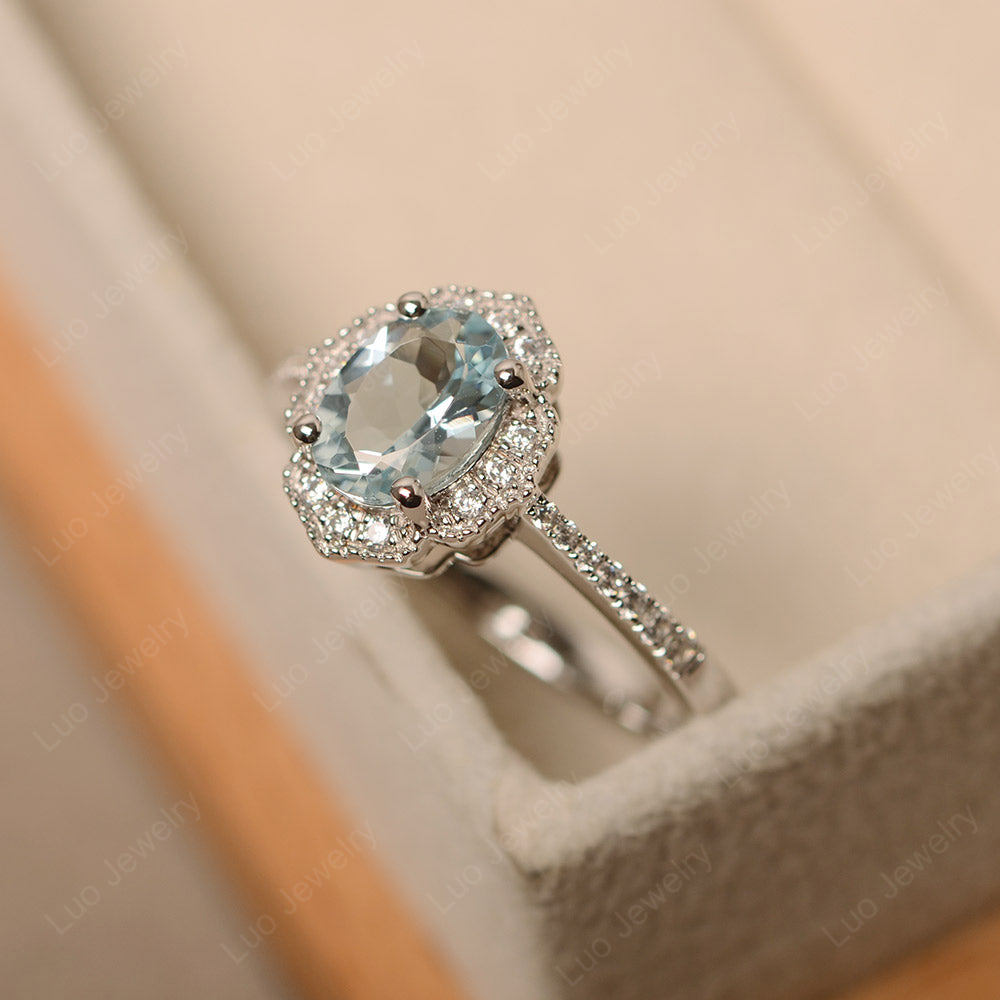 Aquamarine Ring Oval Cut Halo Engagement Ring - LUO Jewelry