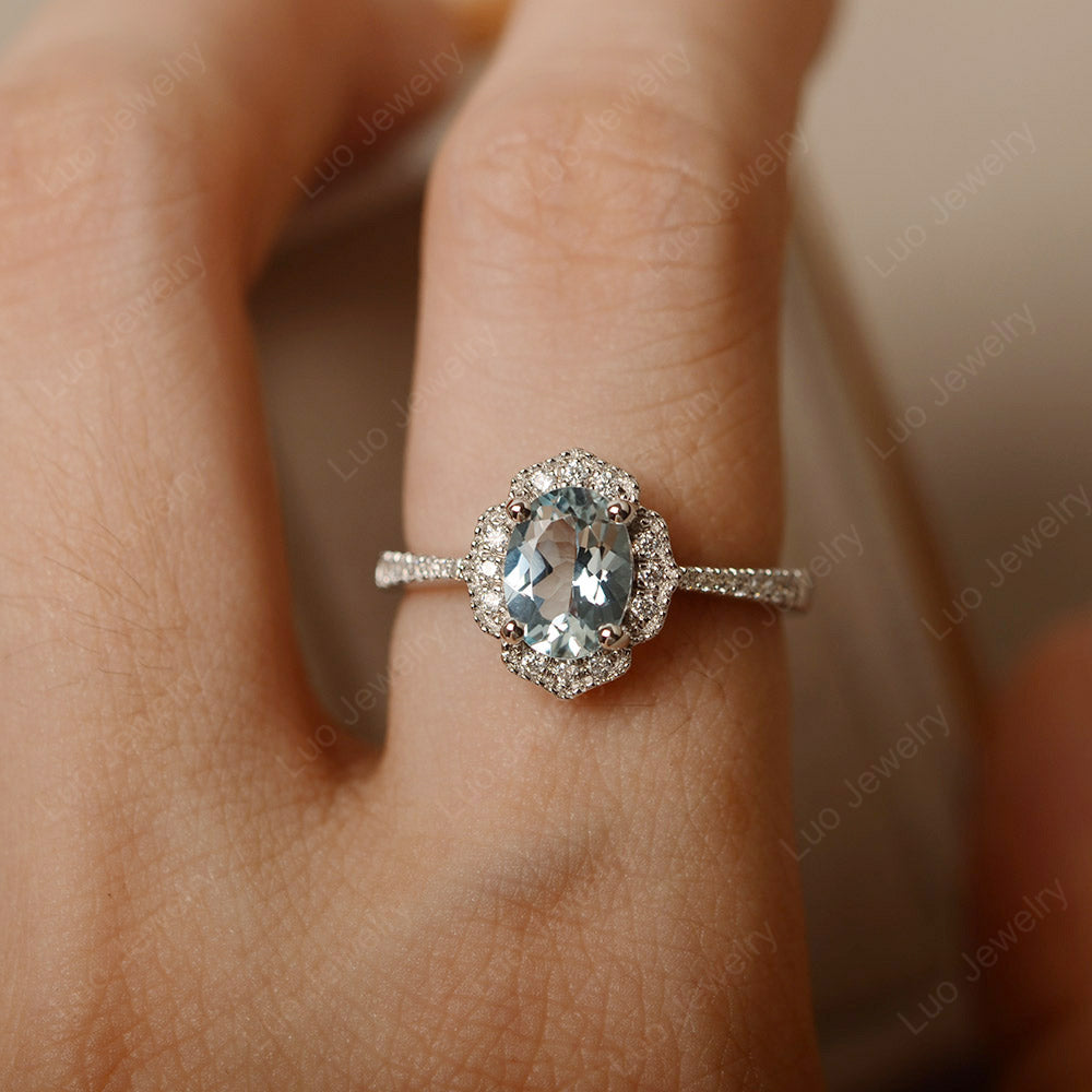 Aquamarine Ring Oval Cut Halo Engagement Ring - LUO Jewelry