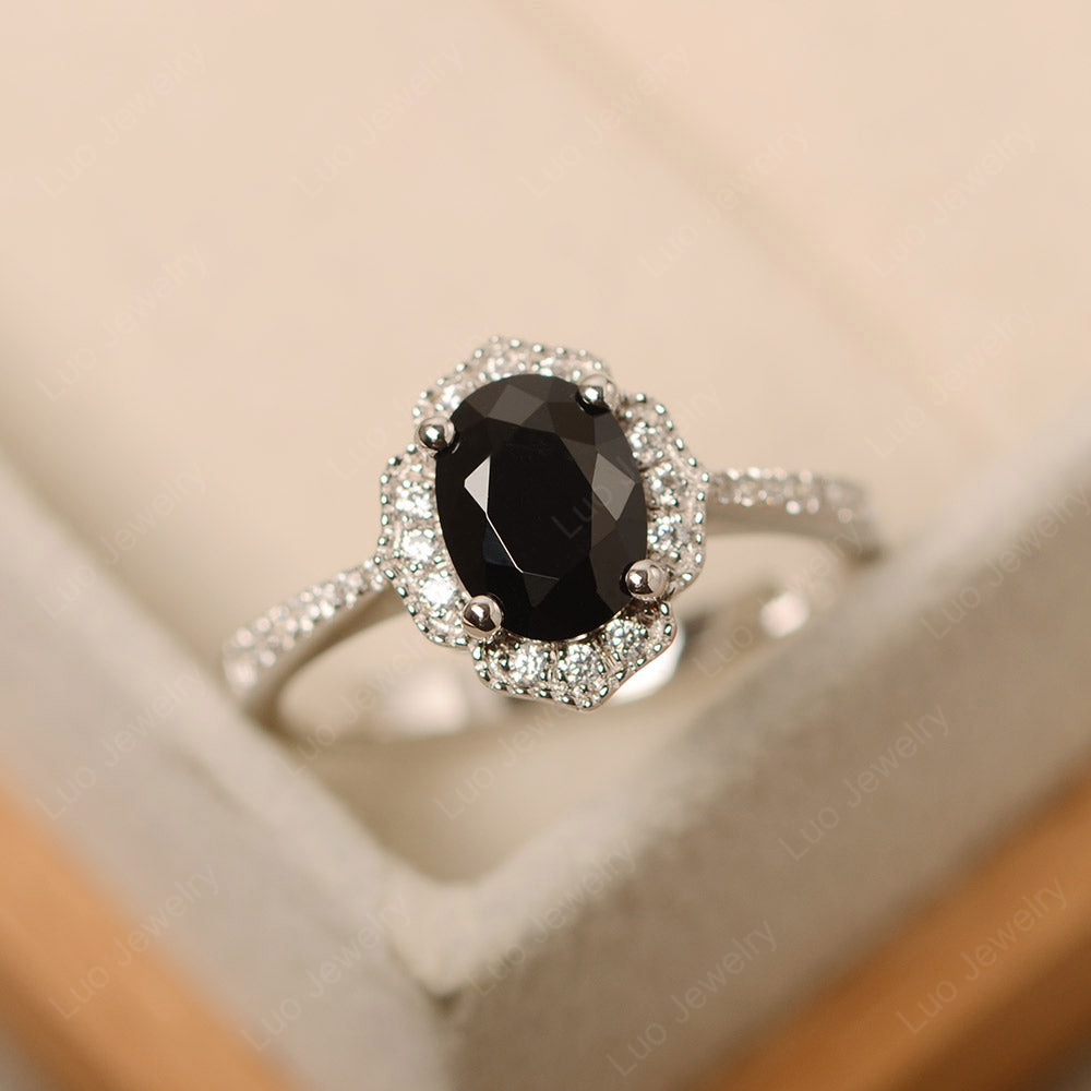 Black Spinel Ring Oval Cut Halo Engagement Ring - LUO Jewelry