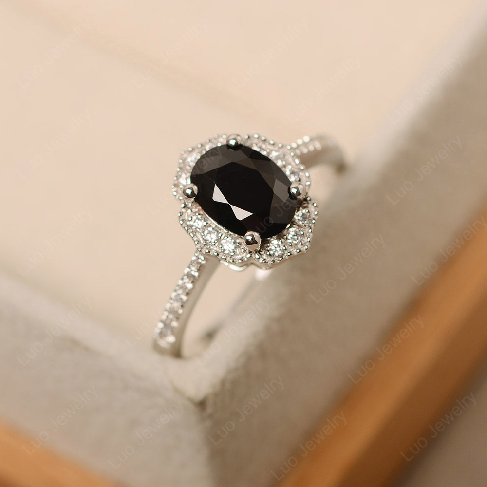 Black Spinel Ring Oval Cut Halo Engagement Ring - LUO Jewelry