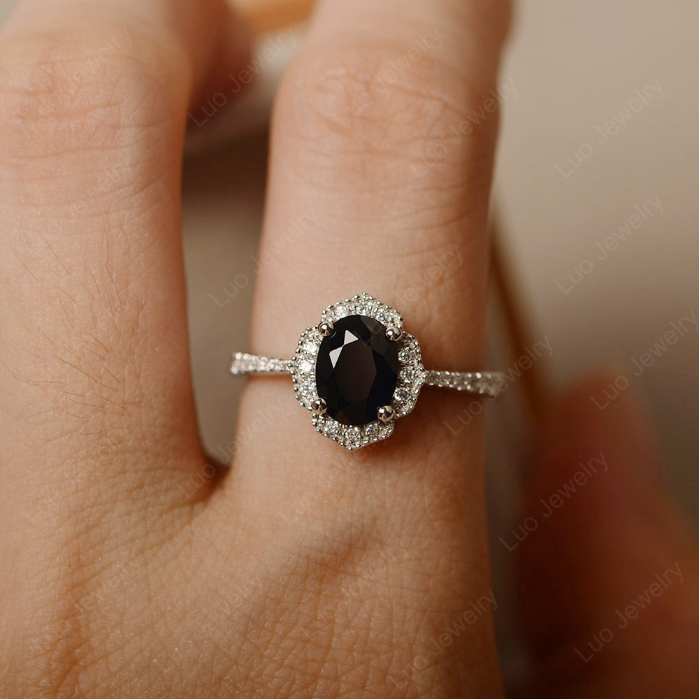 Black Spinel Ring Oval Cut Halo Engagement Ring - LUO Jewelry