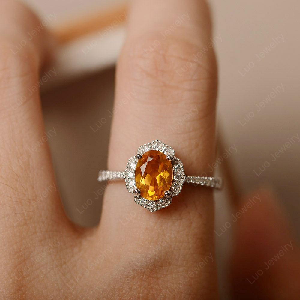 Citrine Ring Oval Cut Halo Engagement Ring - LUO Jewelry