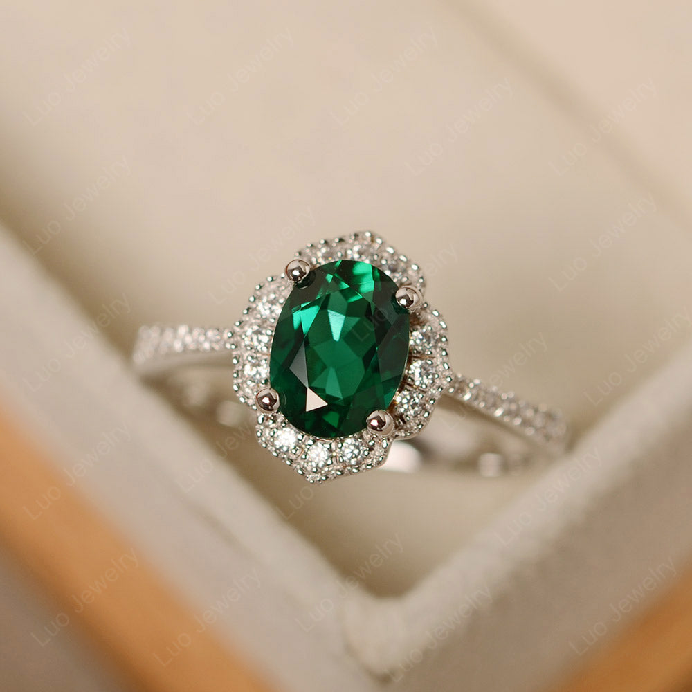 Lab Emerald Ring Oval Cut Halo Engagement Ring - LUO Jewelry