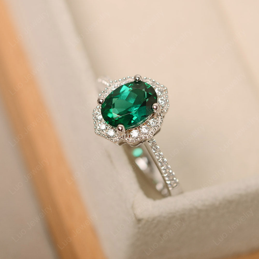 Lab Emerald Ring Oval Cut Halo Engagement Ring - LUO Jewelry