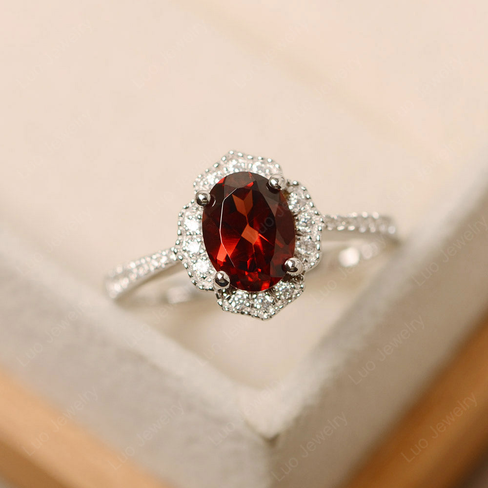 Garnet Ring Oval Cut Halo Engagement Ring - LUO Jewelry