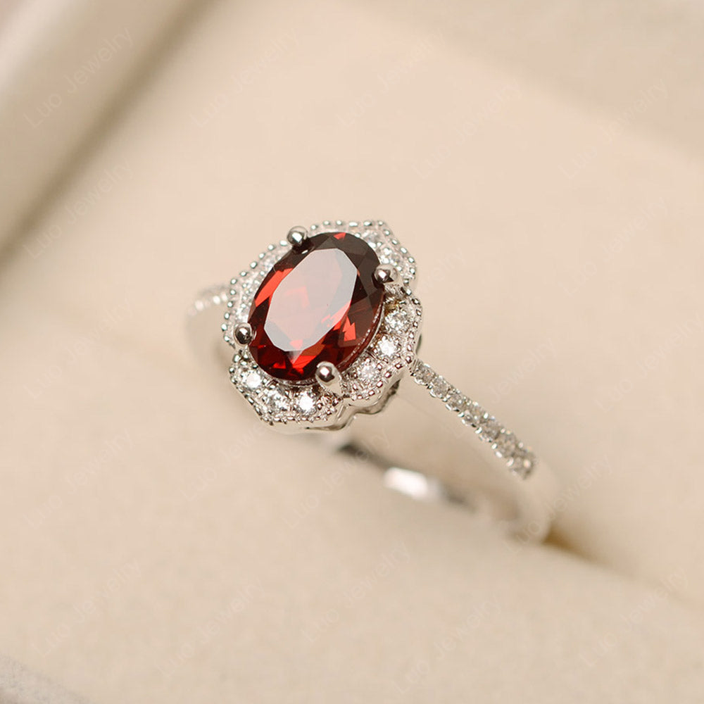 Garnet Ring Oval Cut Halo Engagement Ring - LUO Jewelry