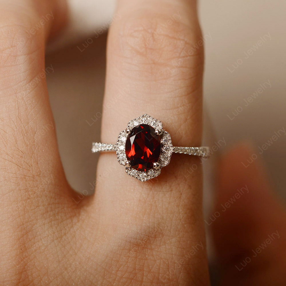 Garnet Ring Oval Cut Halo Engagement Ring - LUO Jewelry