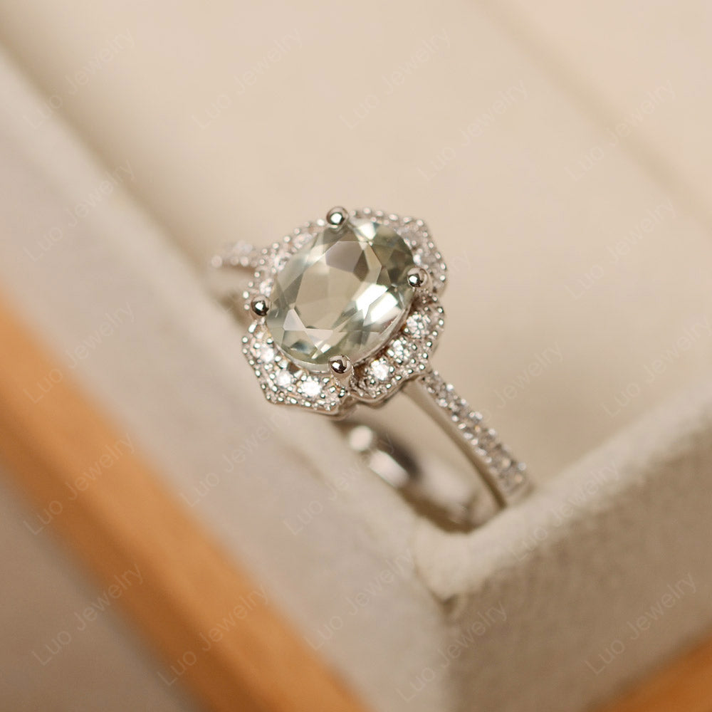 Green Amethyst Ring Oval Cut Halo Engagement Ring - LUO Jewelry