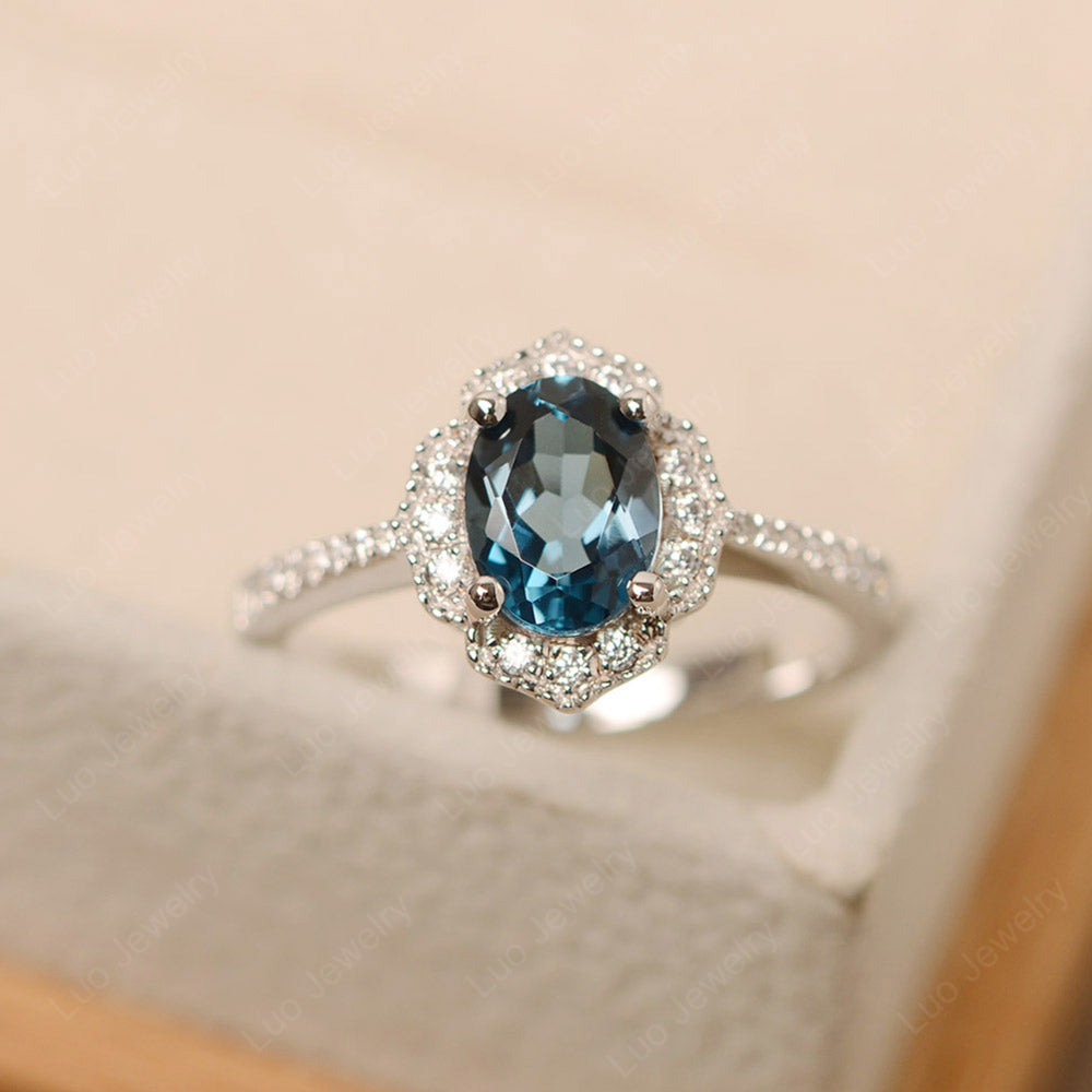 London Blue Topaz Ring Oval Cut Halo Engagement Ring - LUO Jewelry