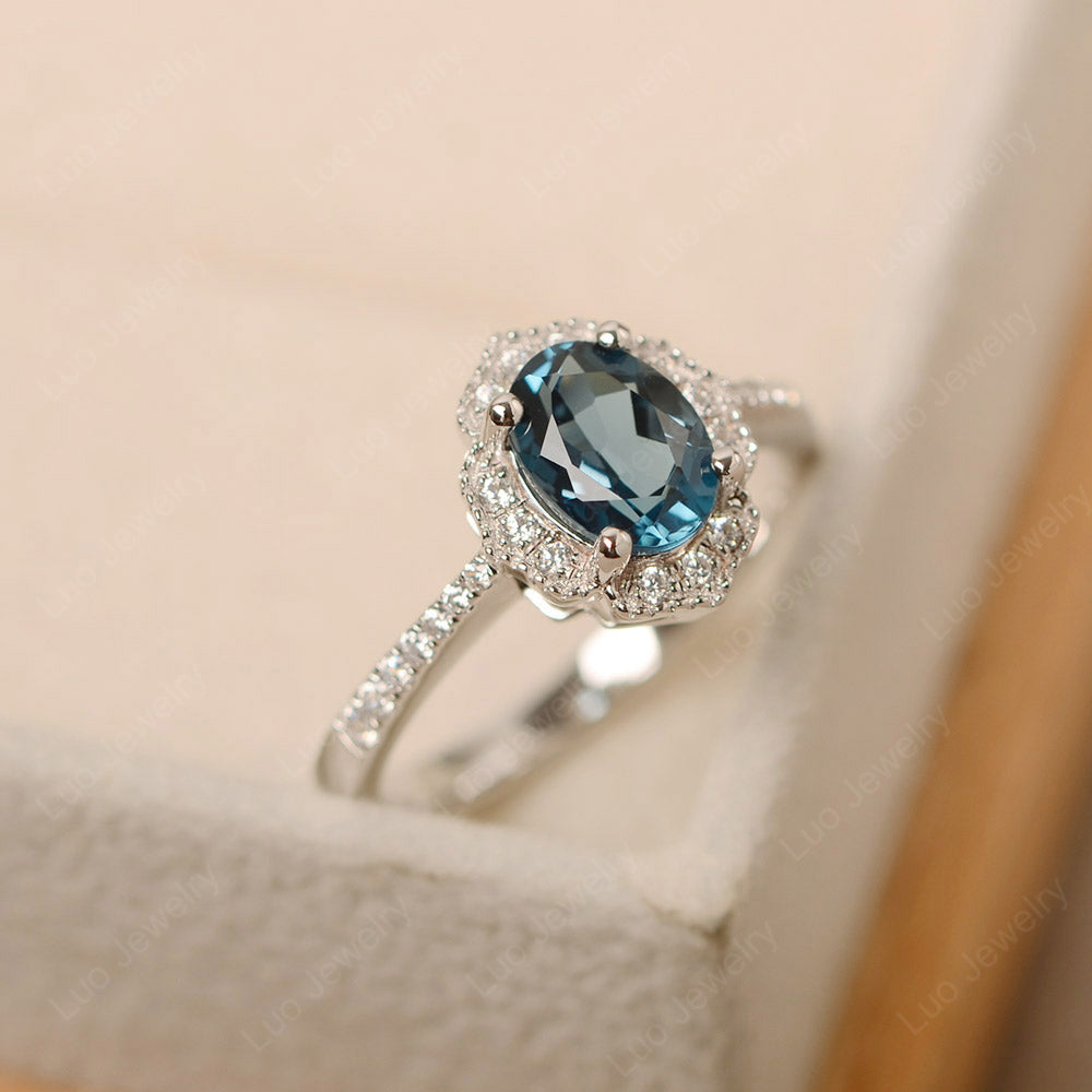 London Blue Topaz Ring Oval Cut Halo Engagement Ring - LUO Jewelry