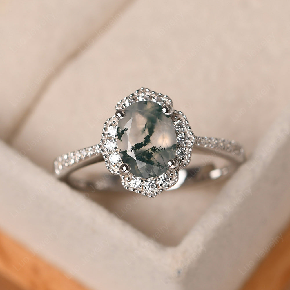 Moss Agate Ring Oval Cut Halo Engagement Ring - LUO Jewelry