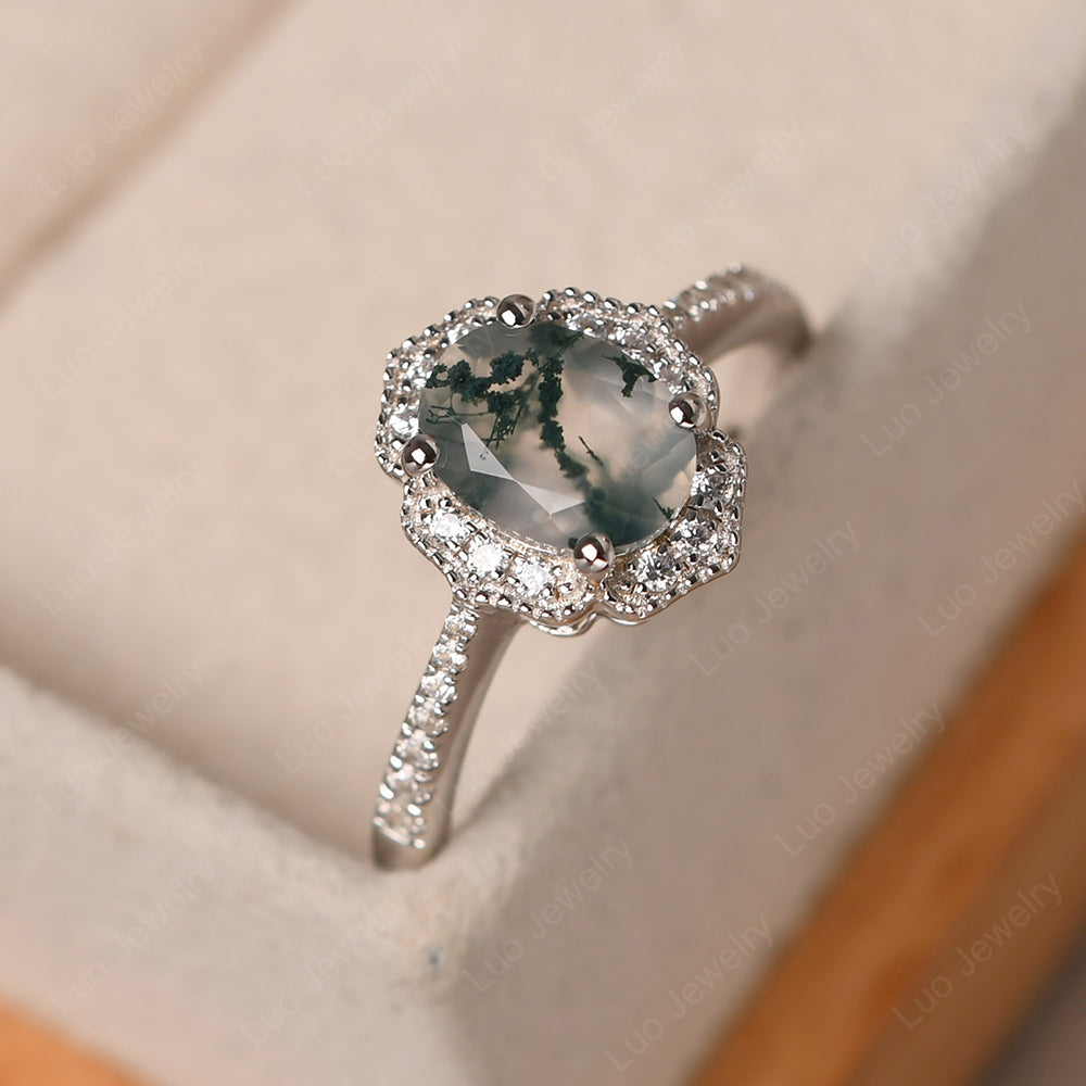 Moss Agate Ring Oval Cut Halo Engagement Ring - LUO Jewelry