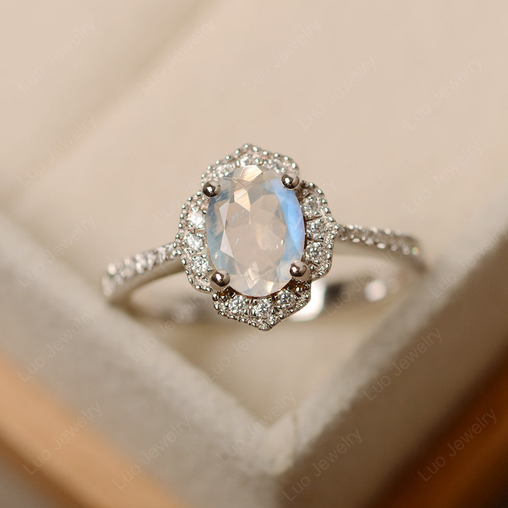 Moonstone Ring Oval Cut Halo Engagement Ring - LUO Jewelry