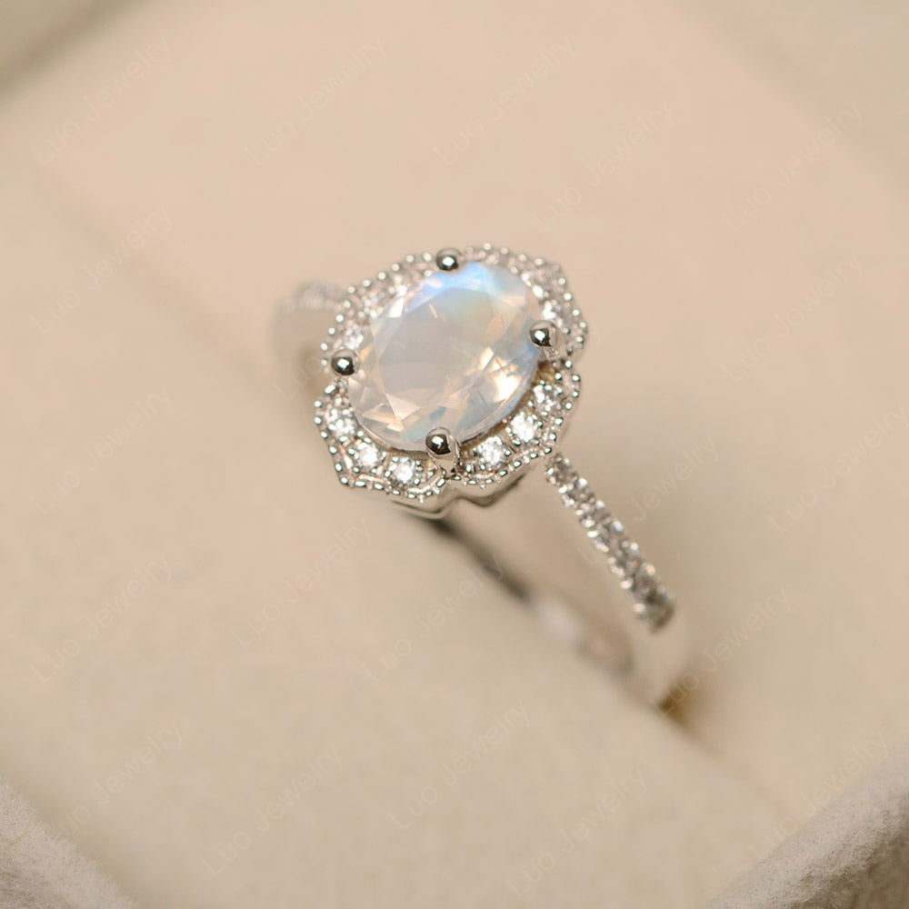 Moonstone Ring Oval Cut Halo Engagement Ring - LUO Jewelry