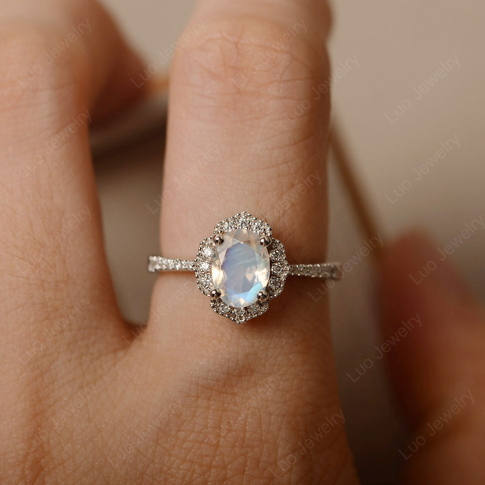 Moonstone Ring Oval Cut Halo Engagement Ring - LUO Jewelry