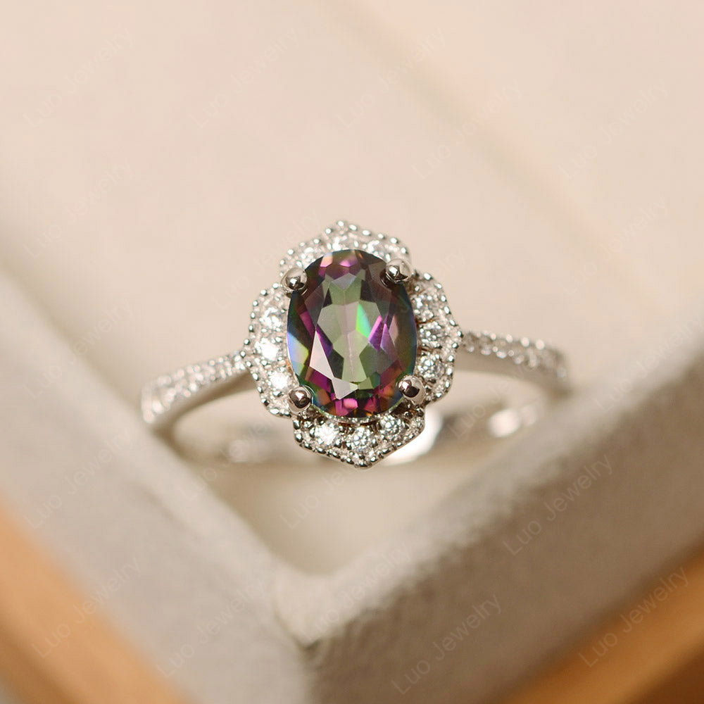 Mystic Topaz Ring Oval Cut Halo Engagement Ring - LUO Jewelry