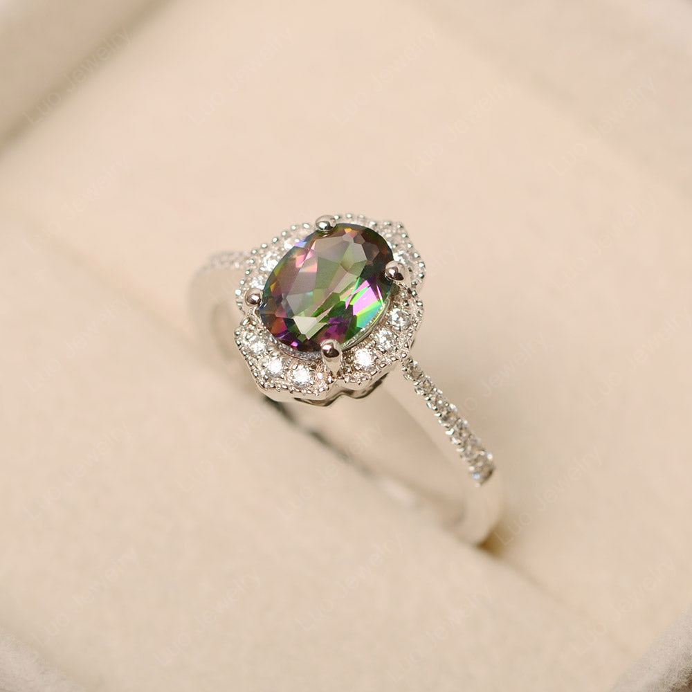Mystic Topaz Ring Oval Cut Halo Engagement Ring - LUO Jewelry