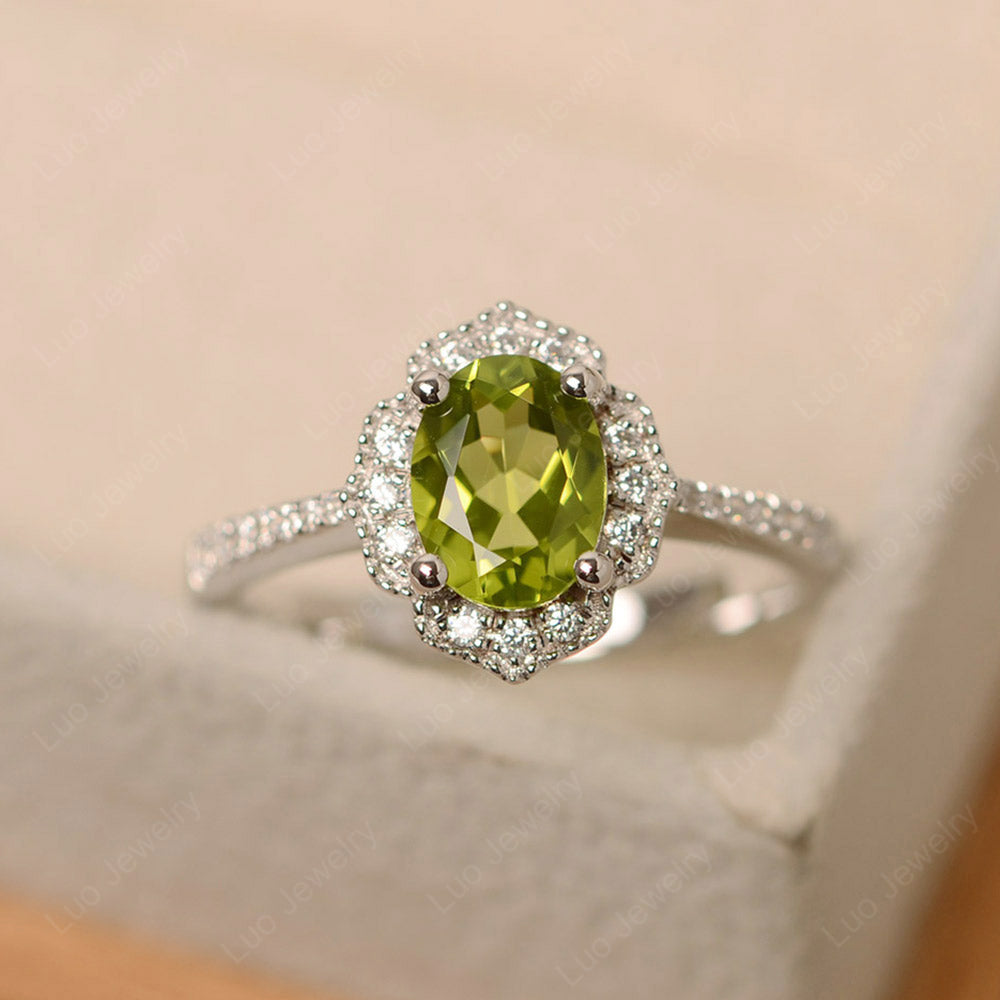 Peridot Ring Oval Cut Halo Engagement Ring - LUO Jewelry