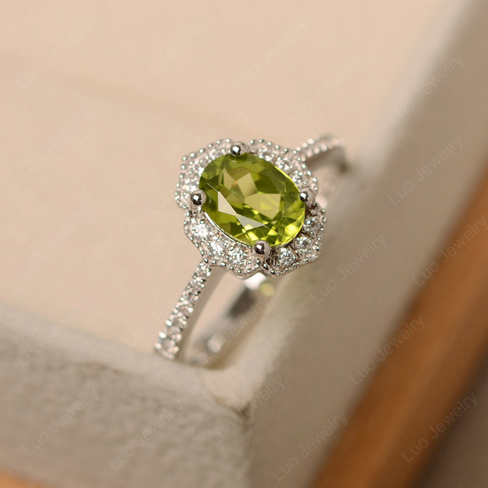 Peridot Ring Oval Cut Halo Engagement Ring - LUO Jewelry