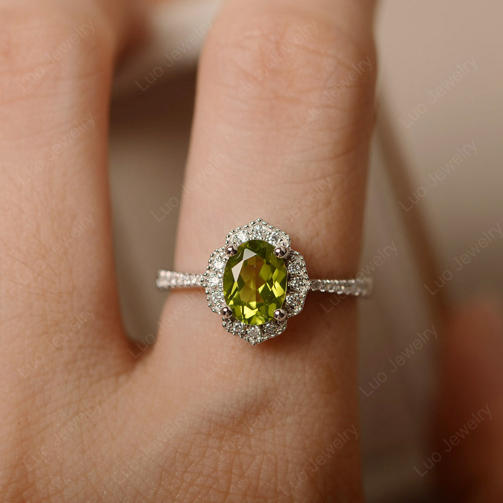 Peridot Ring Oval Cut Halo Engagement Ring - LUO Jewelry