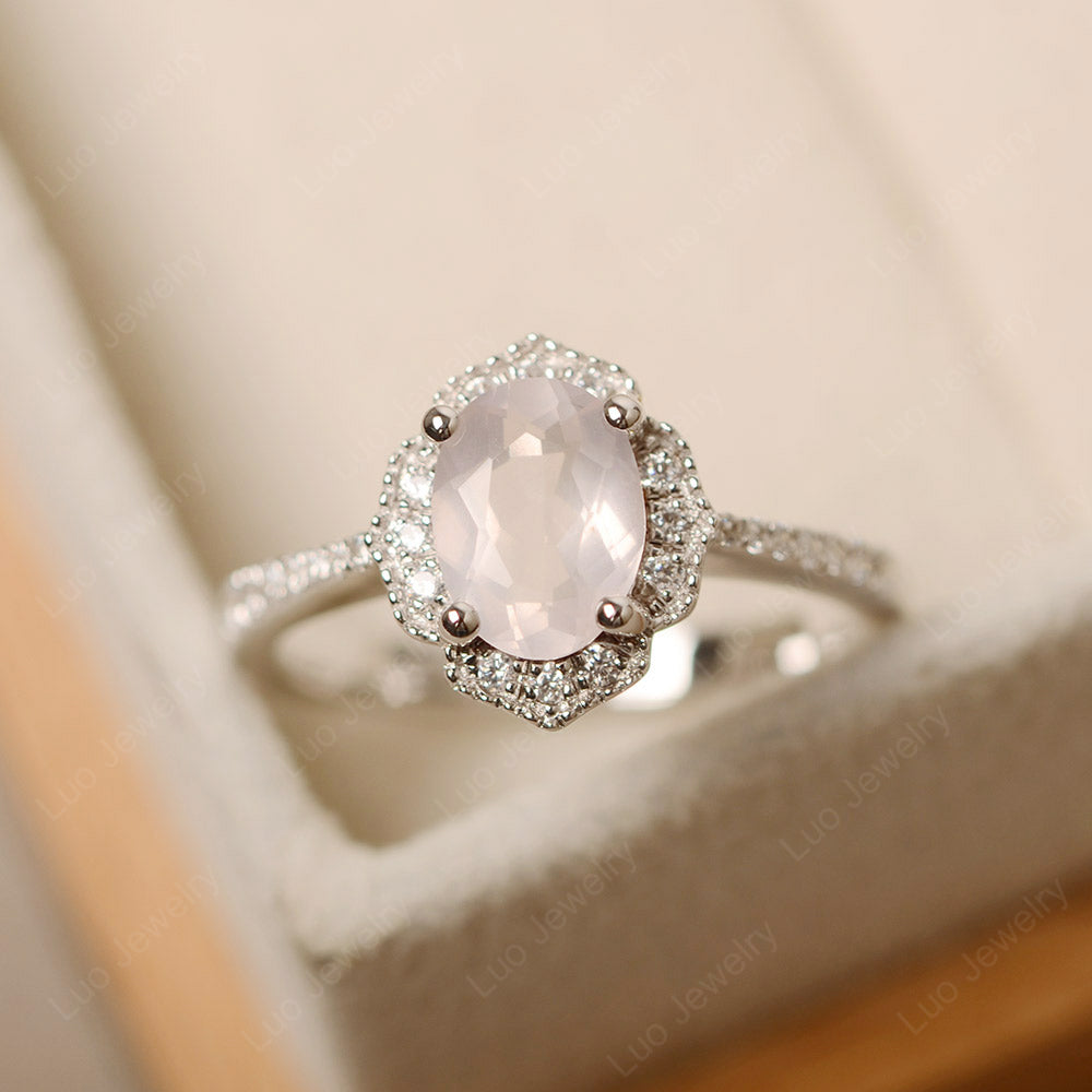 Rose Quartz Ring Oval Cut Halo Engagement Ring - LUO Jewelry