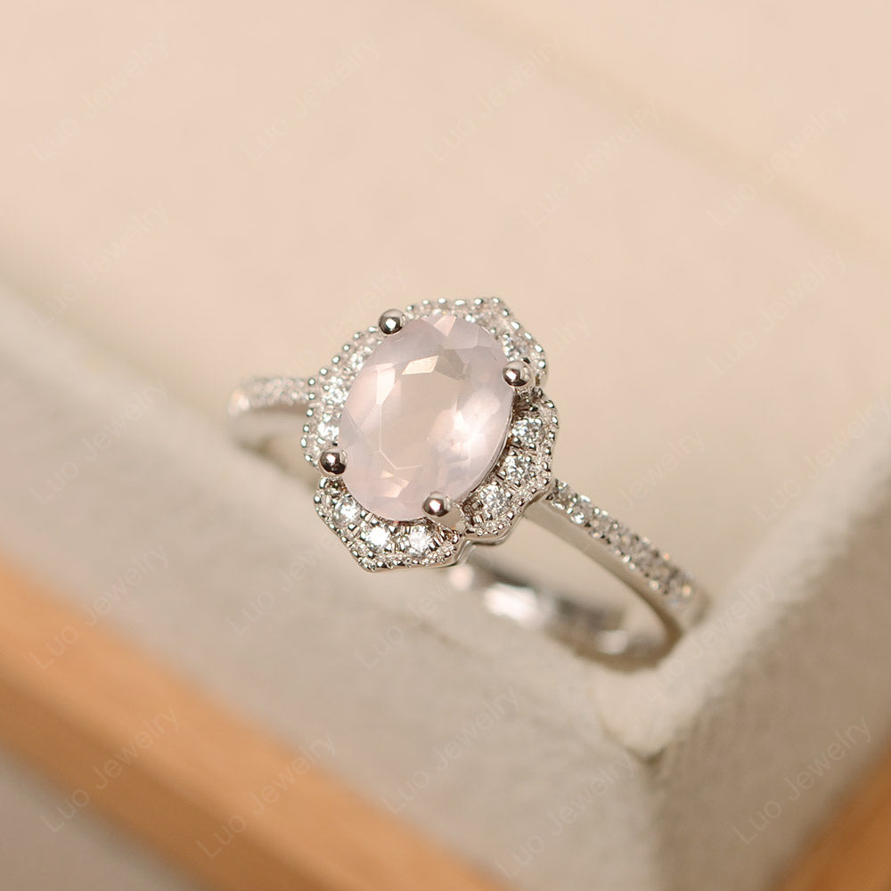 Rose Quartz Ring Oval Cut Halo Engagement Ring - LUO Jewelry