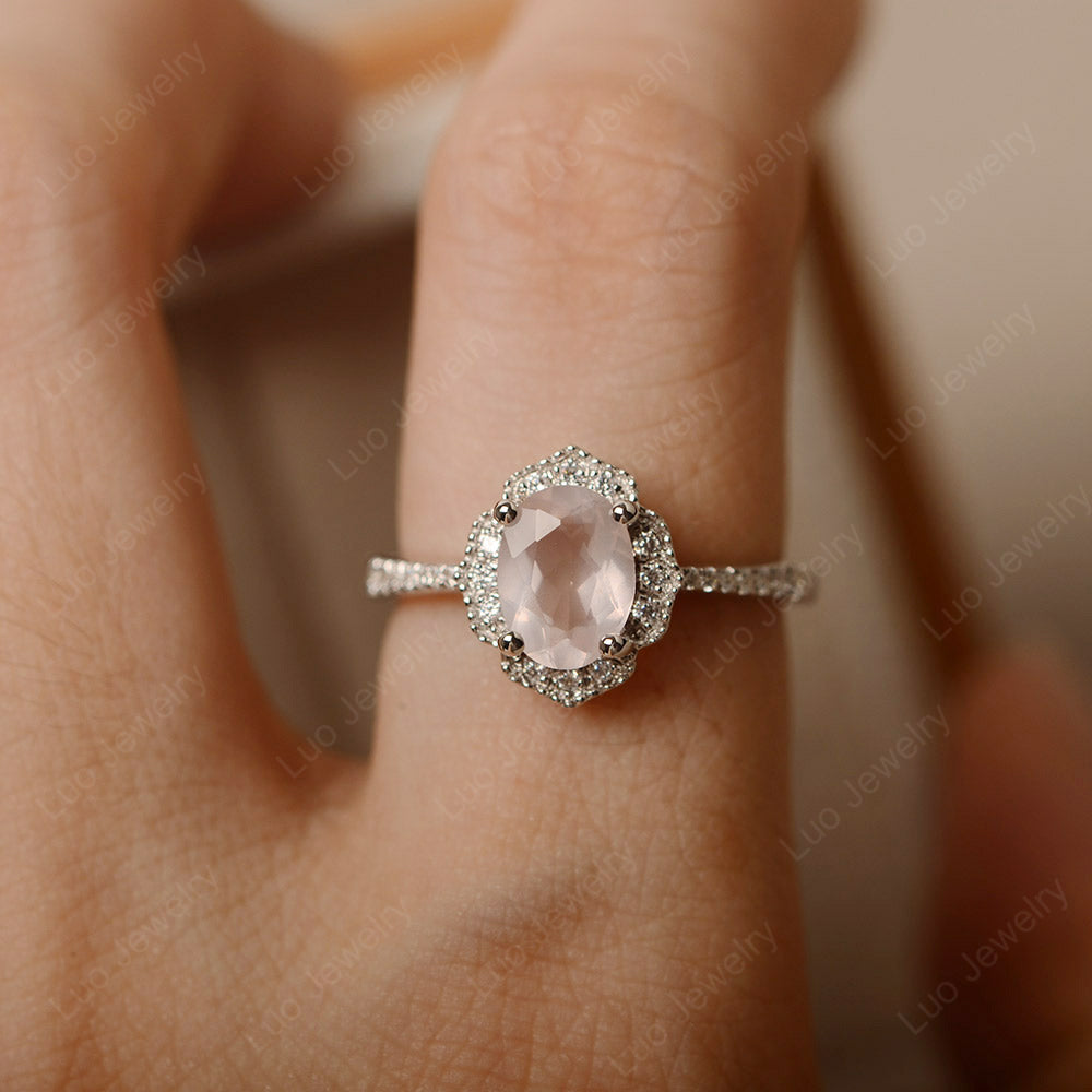 Rose Quartz Ring Oval Cut Halo Engagement Ring - LUO Jewelry