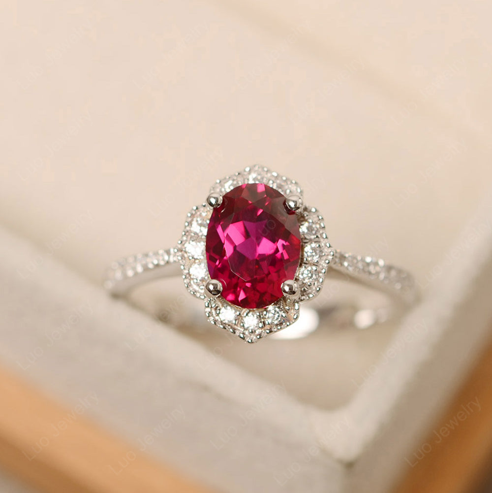 Ruby Ring Oval Cut Halo Engagement Ring - LUO Jewelry