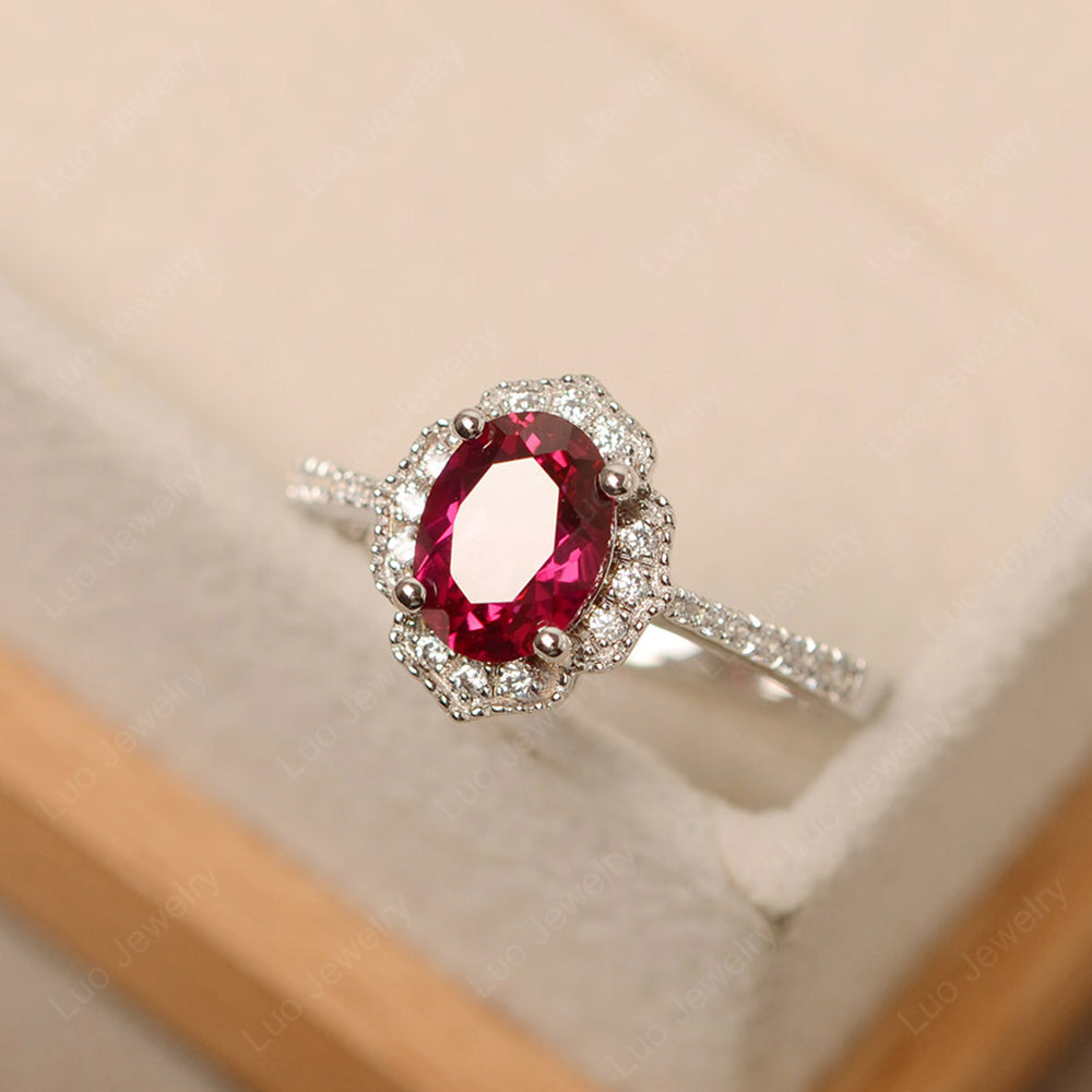 Ruby Ring Oval Cut Halo Engagement Ring - LUO Jewelry