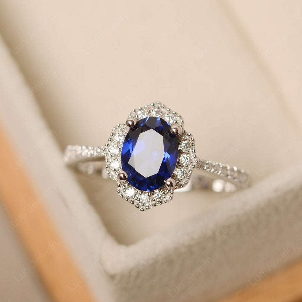 Lab Sapphire Ring Oval Cut Halo Engagement Ring - LUO Jewelry