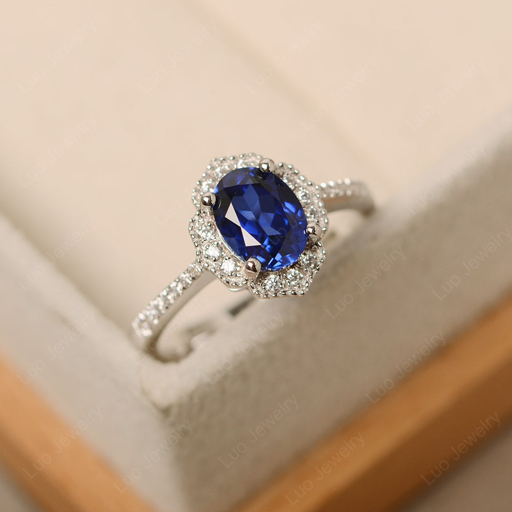 Lab Sapphire Ring Oval Cut Halo Engagement Ring - LUO Jewelry