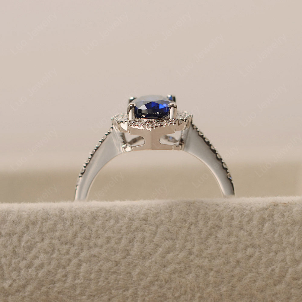 Lab Sapphire Ring Oval Cut Halo Engagement Ring - LUO Jewelry