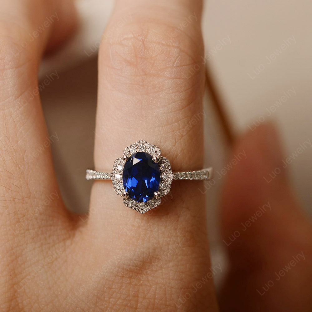 Lab Sapphire Ring Oval Cut Halo Engagement Ring - LUO Jewelry