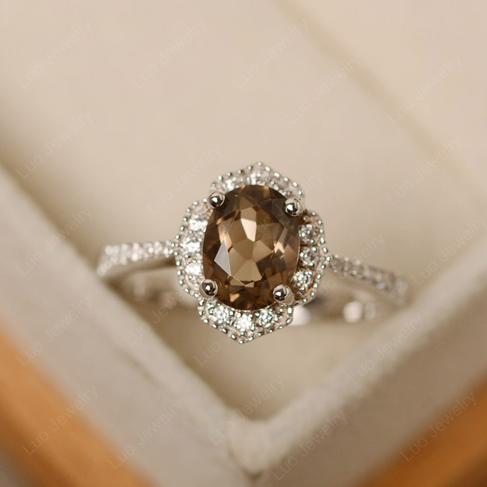 Smoky Quartz  Ring Oval Cut Halo Engagement Ring - LUO Jewelry