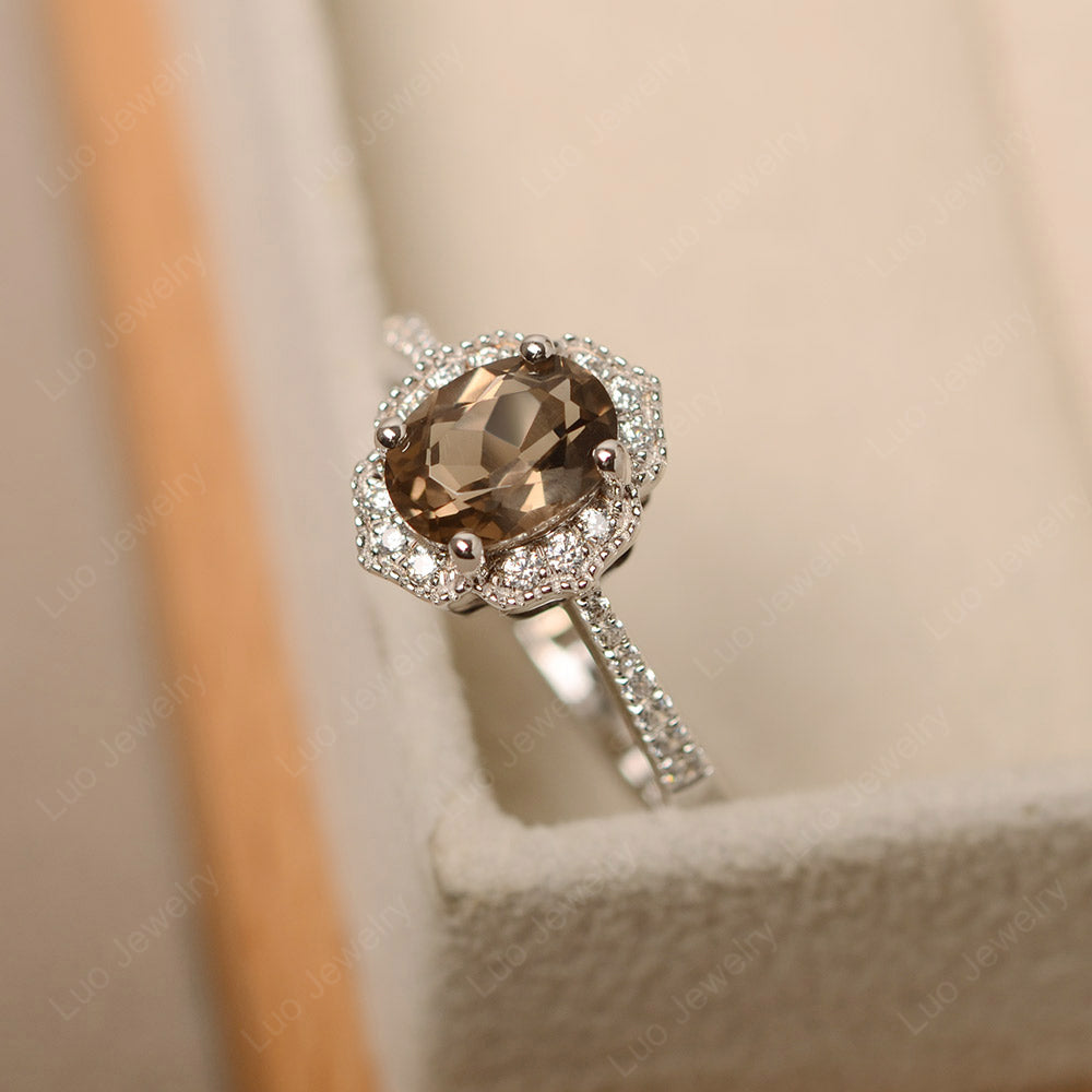 Smoky Quartz  Ring Oval Cut Halo Engagement Ring - LUO Jewelry