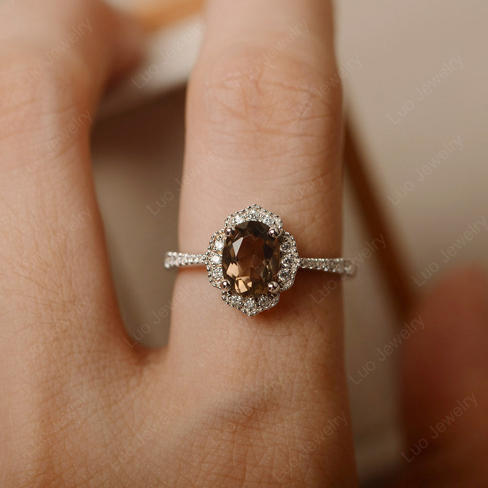 Smoky Quartz  Ring Oval Cut Halo Engagement Ring - LUO Jewelry